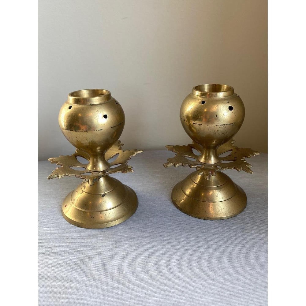 Candle Vintage Holders Two Brass Rustic Leaf Petina 3.5"